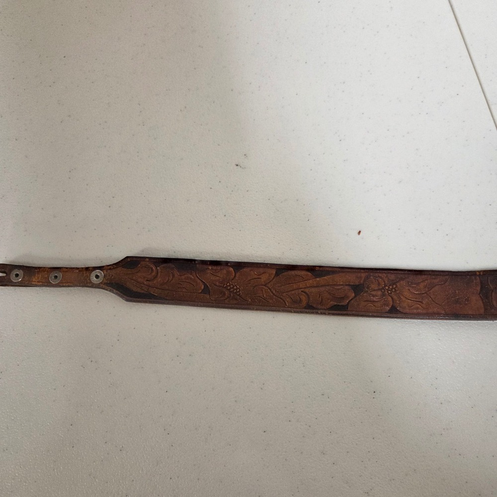 Vintage Brown Tooled Leather Western Belt Strap Linda Floral Design 36 Inch
